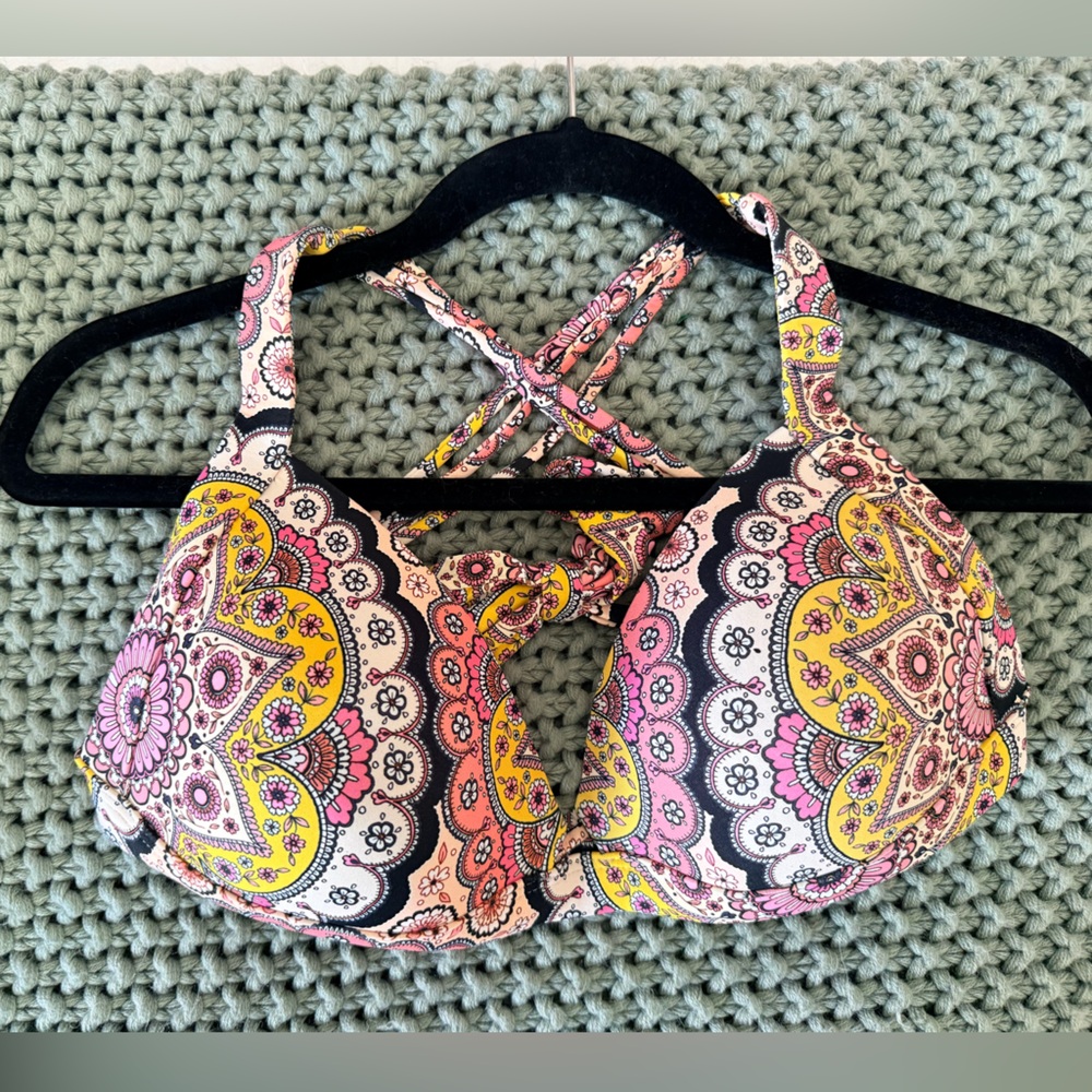 Luli Fama Pink and Yellow Patterned Bikini Top